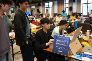 The five-person team at our bench during the hackathon